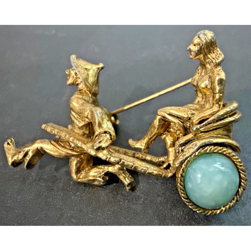 Vintage Signed Oleg Cassini Rickshaw Brooch Gold Tone Green Cabochon Figural